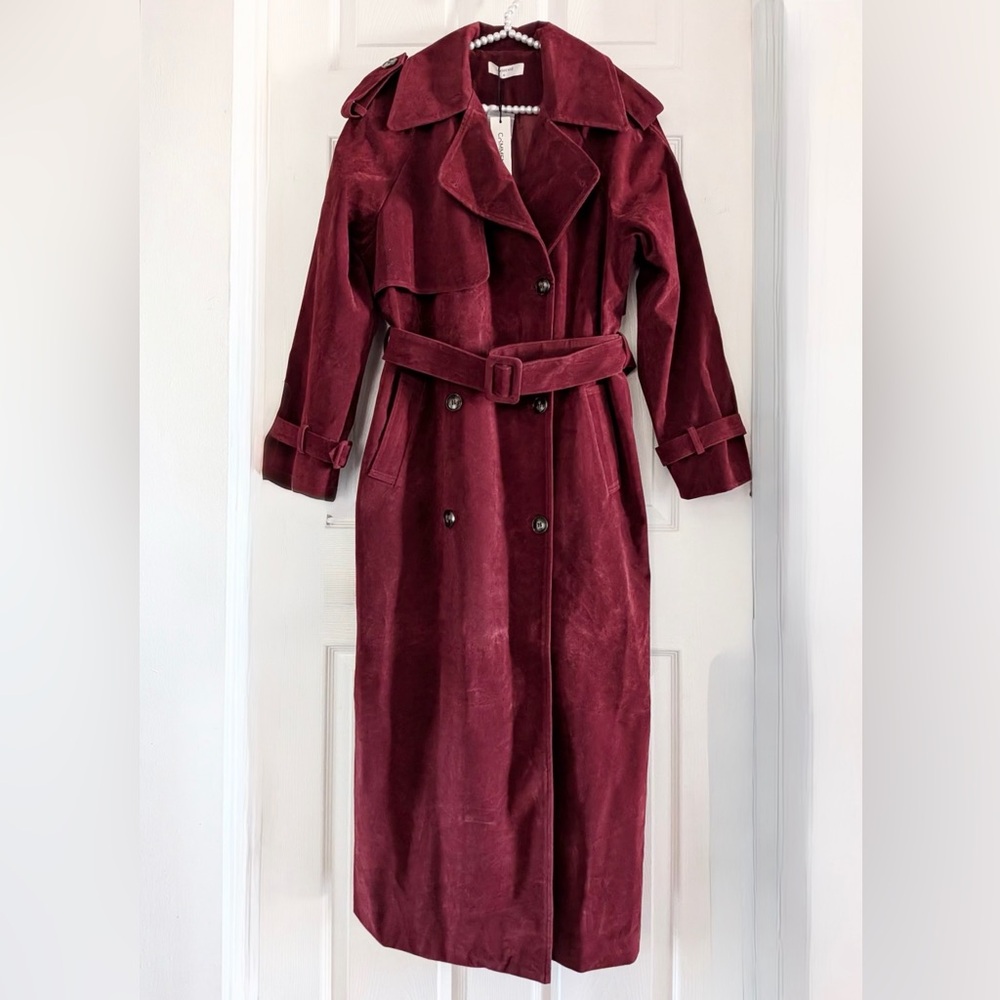 Commense Belted Double-Breasted Suede Effect Long Trench Coat - Picture 2 of 16